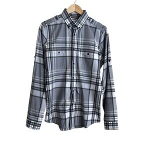 Express Men Button Down Shirt M Gray Plaid Extra Slim Fit Epaulette Detail Urban